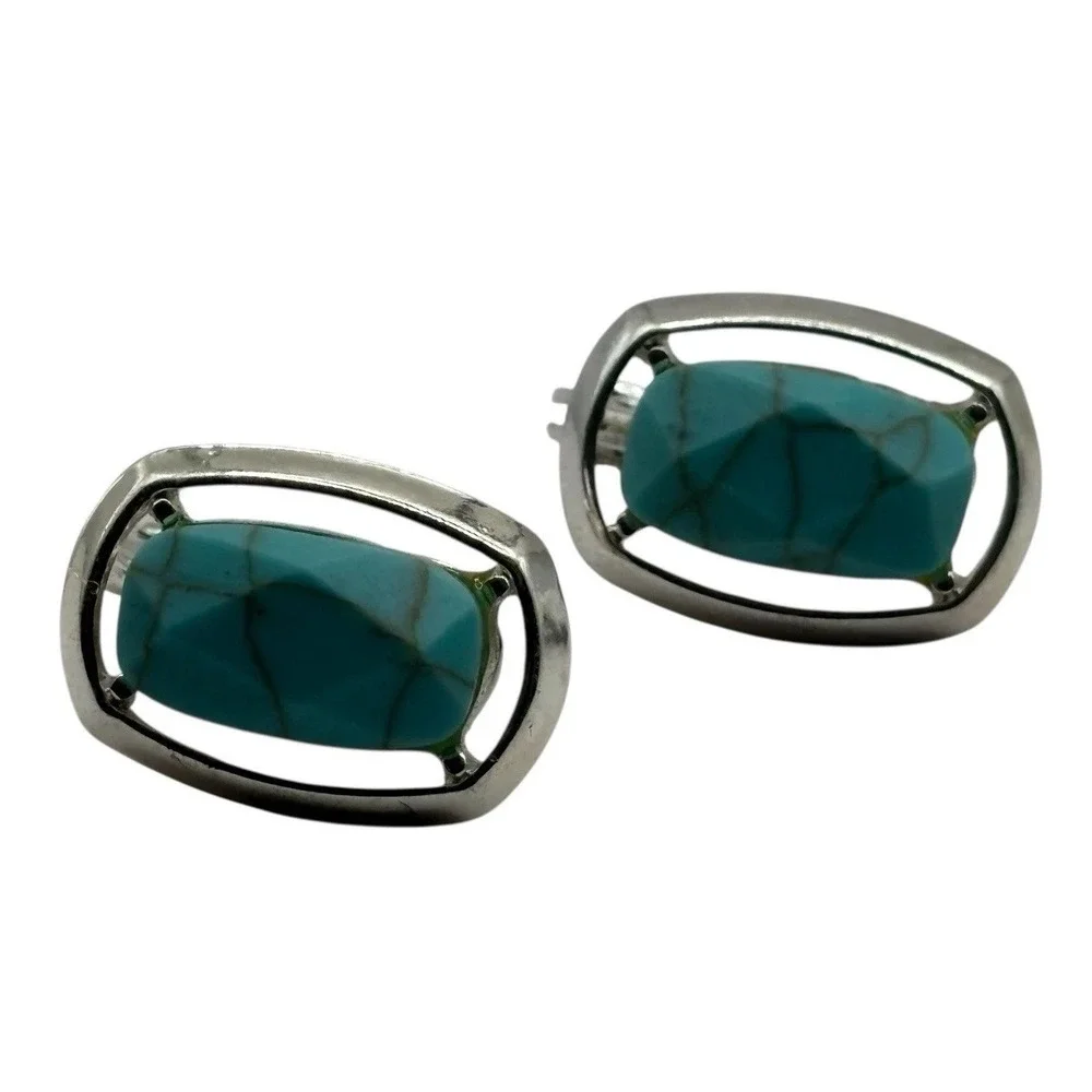 Faux Turquoise Clip On Earrings Silver‎ Tone Vintage TJG The Jewelry Group Open